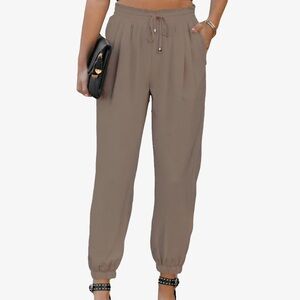 Tan High-Waisted Joggers with Elastic Cuffs and Tapered Legs